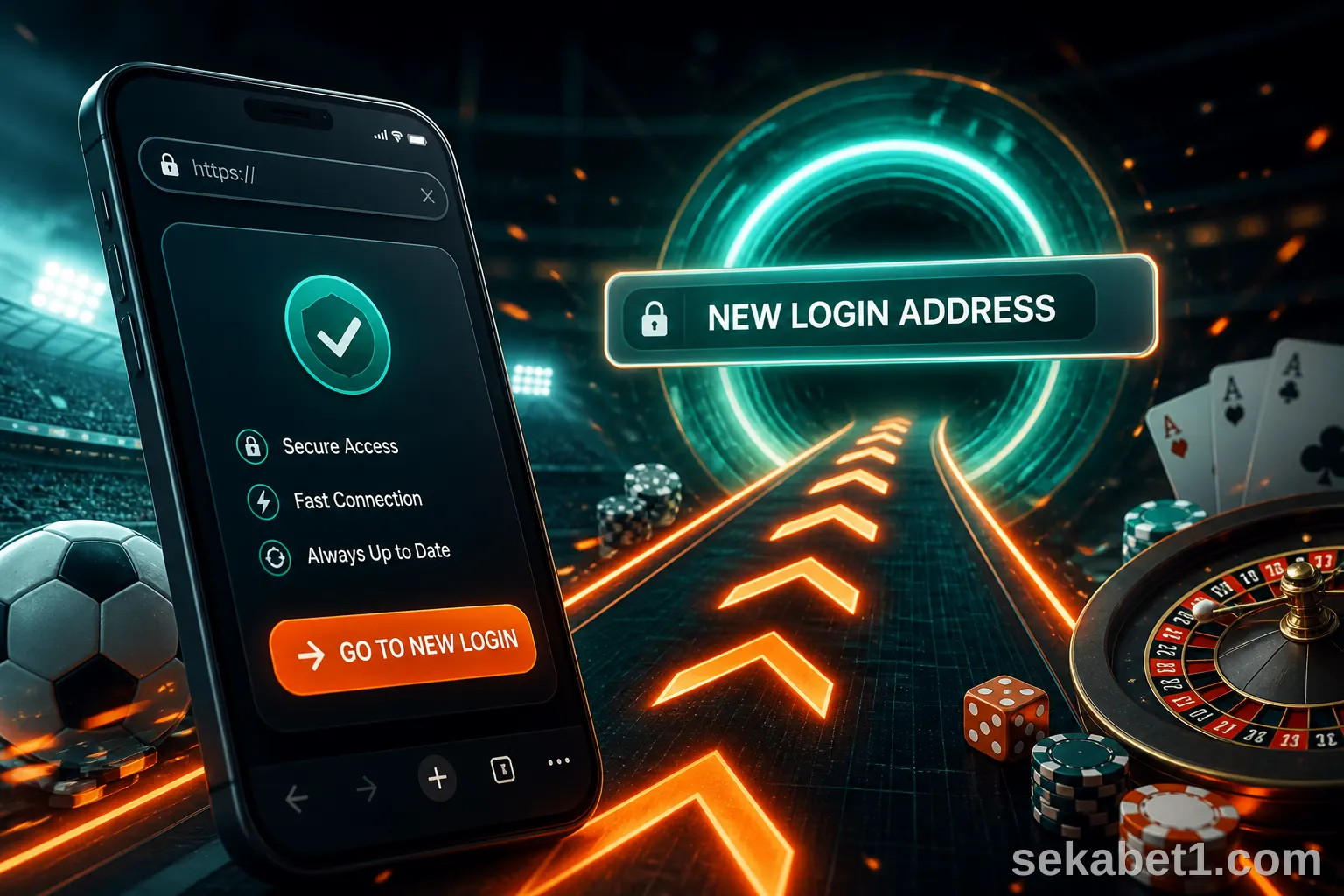 Sekabet yeni giriş adresi için parlayan portal ve mobil yönlendirme illüstrasyonu